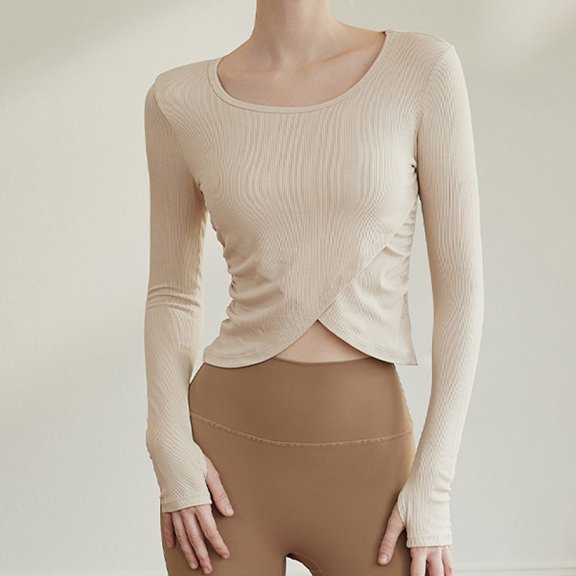 Deals Fall ClothesWomen's Scoop Neck Crop Tops Winter Warm Long Sleeve Knit Tight Shirts Casual Blouses with Thumb Holes (S, Beige)