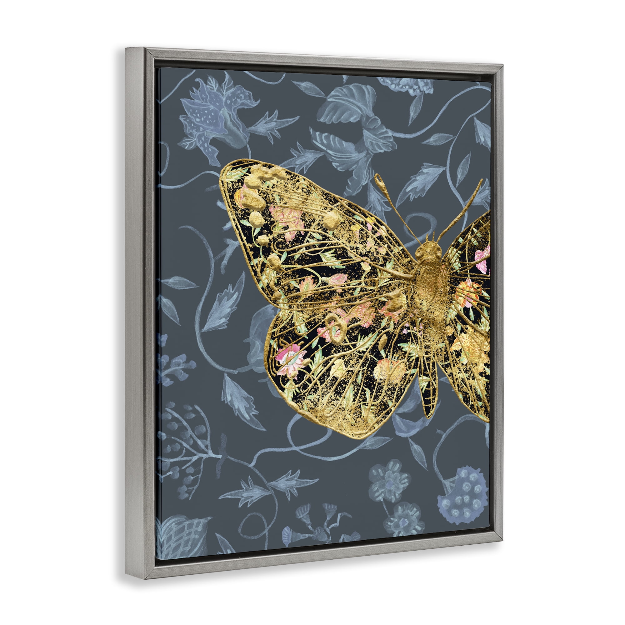 Stupell Industries Glam Traditional Butterfly Animals & Insects Painting Gray Floater Framed Canvas Art Print Wall Art, 25 x 31