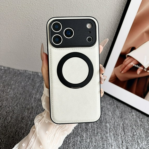 for iPhone 17 PU Leather Back Cover with Ring Kickstand, Shock-Absorbent TPU Protective Case Cover, Classic Anti-Scratch Anti-Fingerprint Non-Slip Wireless Charging Compatible, Gray