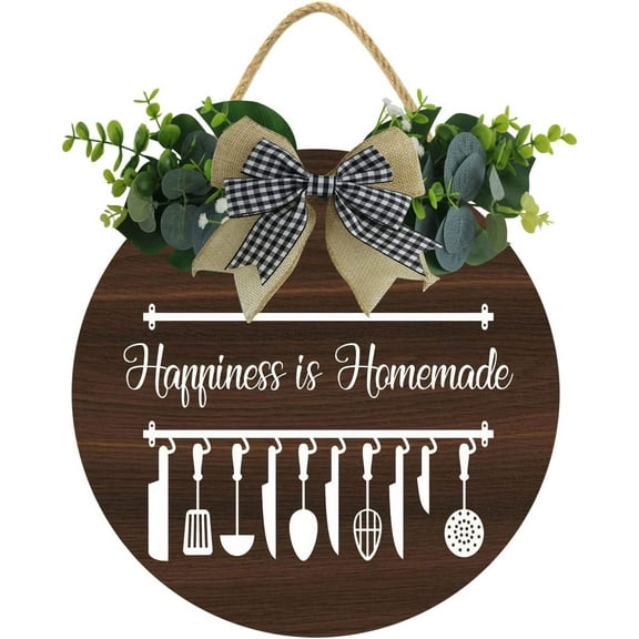 Eveokoki 12" Door Decor,Happiness Is Homemade Front Door Round Wood Sign Hanging,Porch Decor Sign for Farmhouse,Rustic Wood Wreaths Sign