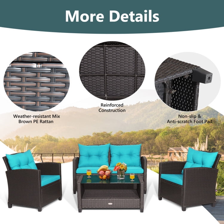 Aimee Lii 4 Pieces Wicker Patio Furniture Set with Tempered Glass Coffee Table, Wicker Outdoor Sectional, Turquoise Aimee Lii 4 Pieces Wicker Patio Furniture Set with Tempered Glass Coffee Table, Wicker Outdoor Sectional, Turquoise