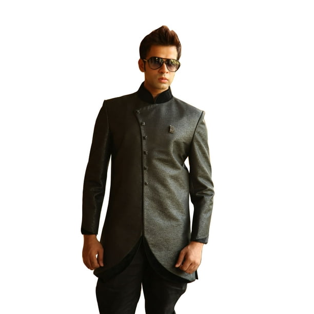 Saris and Things Elegant Black Indo Western Indian Sherwani Kurta for Men. This product is custom made to order