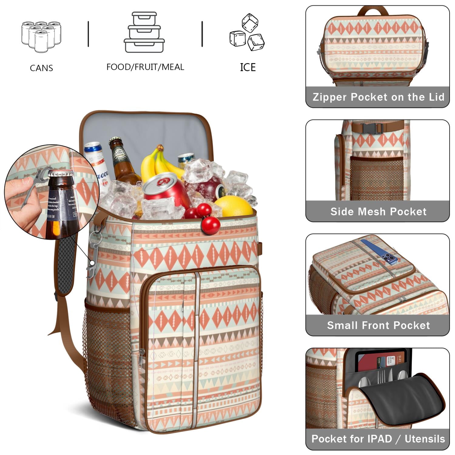 Travel Cooler Bag - Boho Bohemia Pioneer Flower Geometric Line Art Camping Beer Cooler Backpack with Bottle Opener- Waterproof Insulated Picnic Backpacks - Cooler Bag for Beach