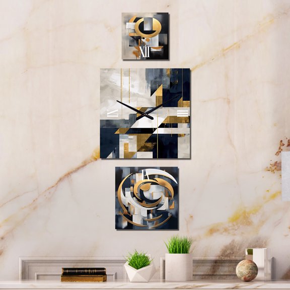 Designart "Harmonious Shapes Gold Black Composition" Abstract Shapes Oversized Wall Clock - Set Of 3 - Multipanel Clock For Living Room Décor - Large Contemporary Wall Clock
