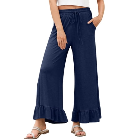Delayuji Womens Casual Pants Wide Leg Pants Drawstring Elastic High Waisted Ruffle Hem Palazzo Pants with Pockets L Blue