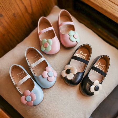 School Girls Flat Mary Jane Shoes Nude Shoes with Flower Decor&Elastic