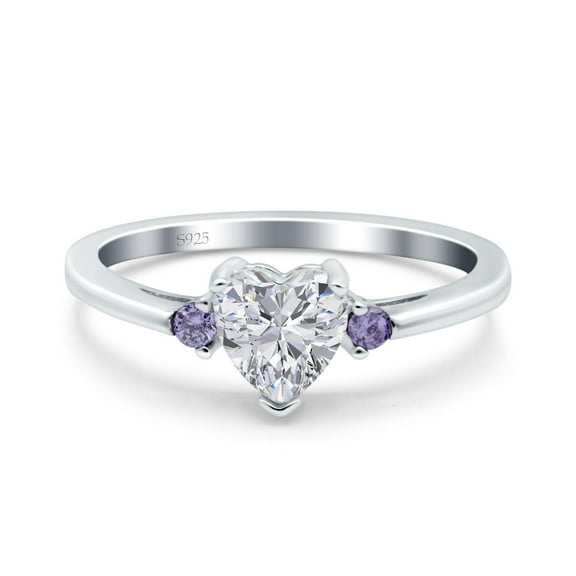 Three Stone Art Deco Heart Bridal Set Ring Round Amethyst CZ 925 Sterling Silver Size 4
