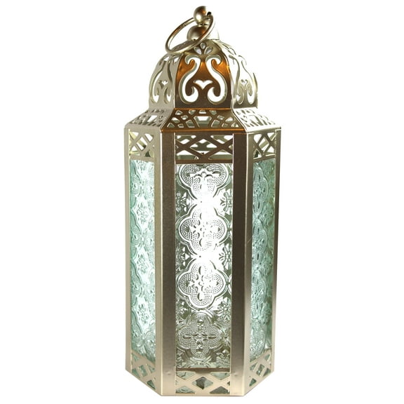 10.5" Medium Moroccan Lantern Candle Holder – White Gold with Clear Glass, Metal Decorative Lamp for Indoor/Outdoor Patio or Porch Use, Home Decor, Ramadan, Weddings