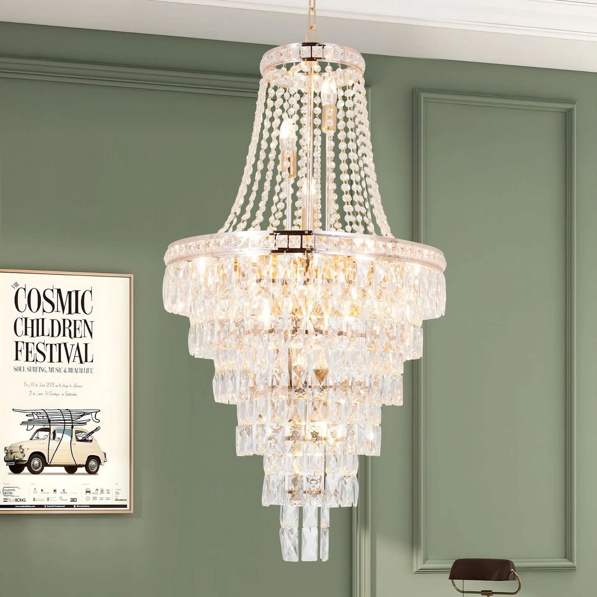 LUOLAX 15-Lights Golden Empire Crystal Chandelier Classic Lamp Ceiling Light 21×53 inch