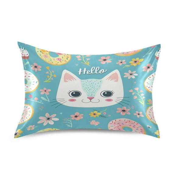 Satin Pillow Case Standard Silk Pillow Cover for Hair and Skin Envelope Closure Hello Cat Face 20"x26"