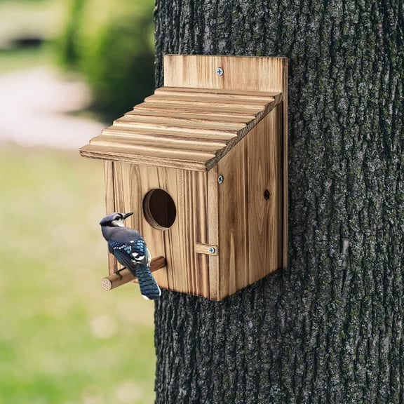 Wood Bird Houses for Outside with Pole Wooden Bird House for Finch Bluebird Cardinals Hanging Birdhouse Garden Country Cottages