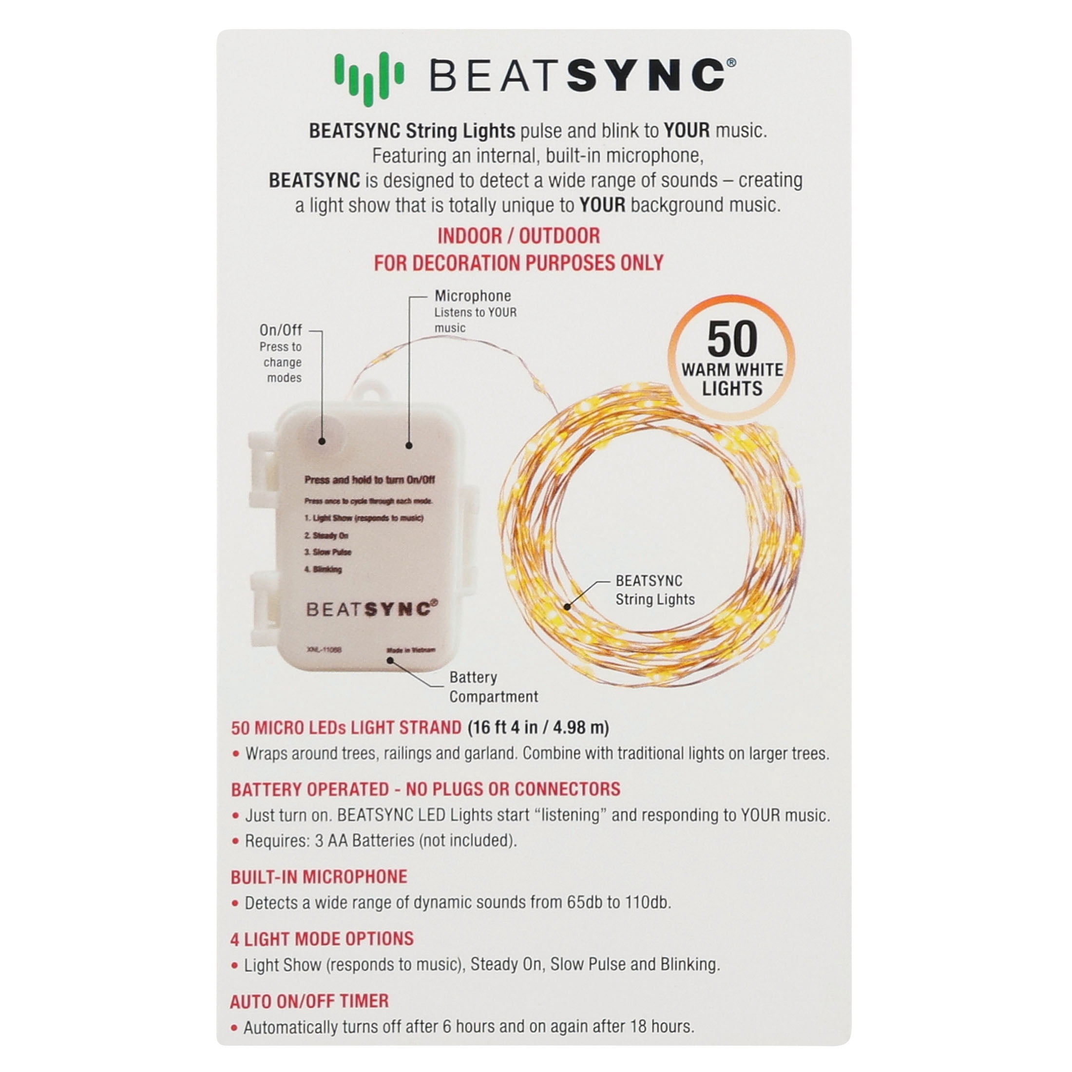 Christmas Indoor Decorative Battery Operated Beatsync 50 Count Warm White LED String Lights