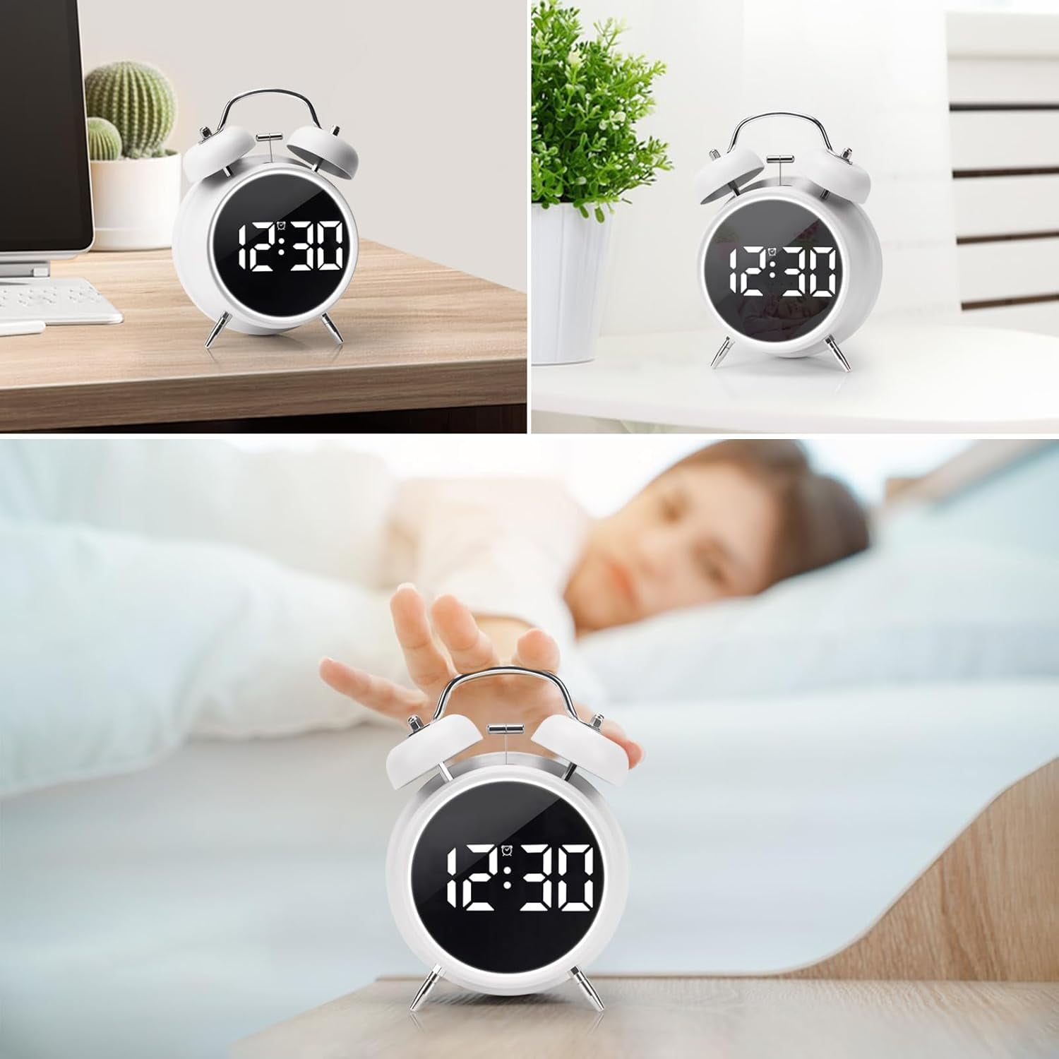 Digital Small Alarm Clock, Double Bell Electronic LED Alarm Clock, Plug in or Battery Operated Silent Metal Table Clock, Bedside Loud Bell Clock for Heavy Sleepers Adults Kids (White)