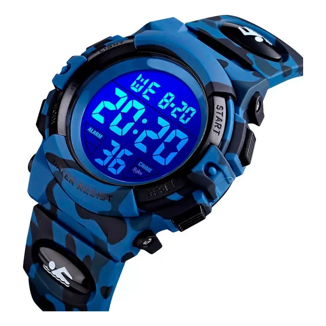 Reloj Niños Deportivo Led Contra Agua Camuflaje Militar Nado Color de la correa Azul oscuro
