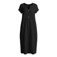 thumbnail image 7 of Women's Cotton Linen Midi Dress Casual Solid Short Sleeve V Neck Button Button Loose Summer Tshirt Dresses Beach Vacation Sundress, 7 of 7