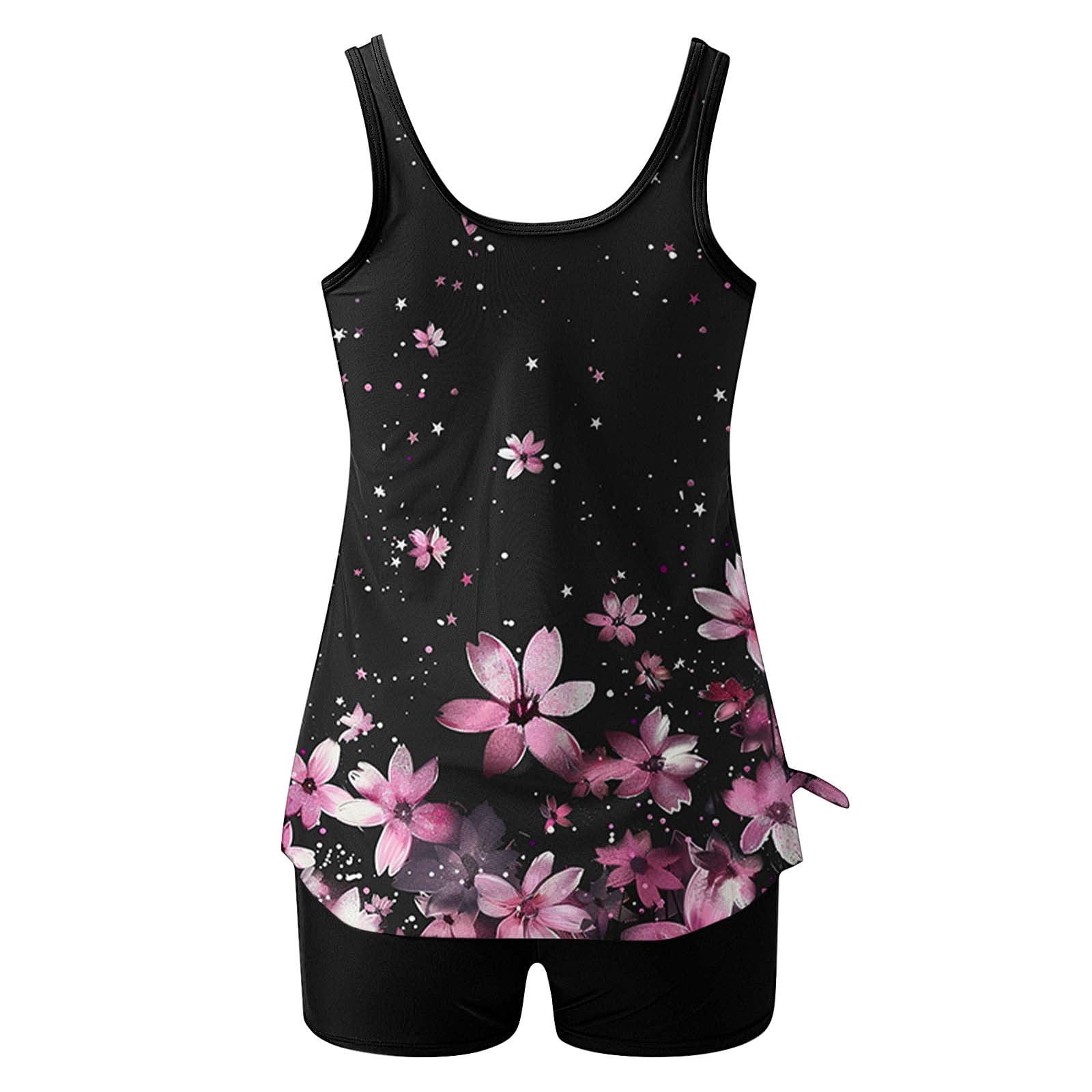 Jsaierl 2 Piece Tankini Bathing Suits for Women Blouson Swim Tops Summer Print Swimwear Loose Fit Cute Tankini Tops with Swim Shorts Tankini Swimsuits Plus Size
