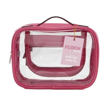 Fusion Brand Double Layer Makeup Bag, Clear and Pink.   4 Zipper Compartments and Handle. 8.6" Long.
