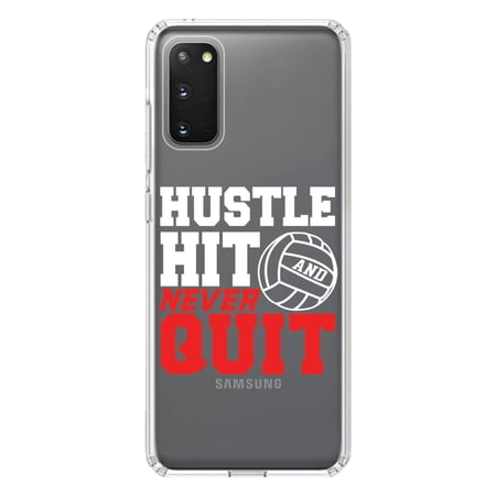 DistinctInk Clear Shockproof Hybrid Case for Galaxy S20 ULTRA / 5G (6.9 Screen) - TPU Bumper Acrylic Back Tempered Glass Screen Protector - Hustle Hit Never Quit Volleyball
