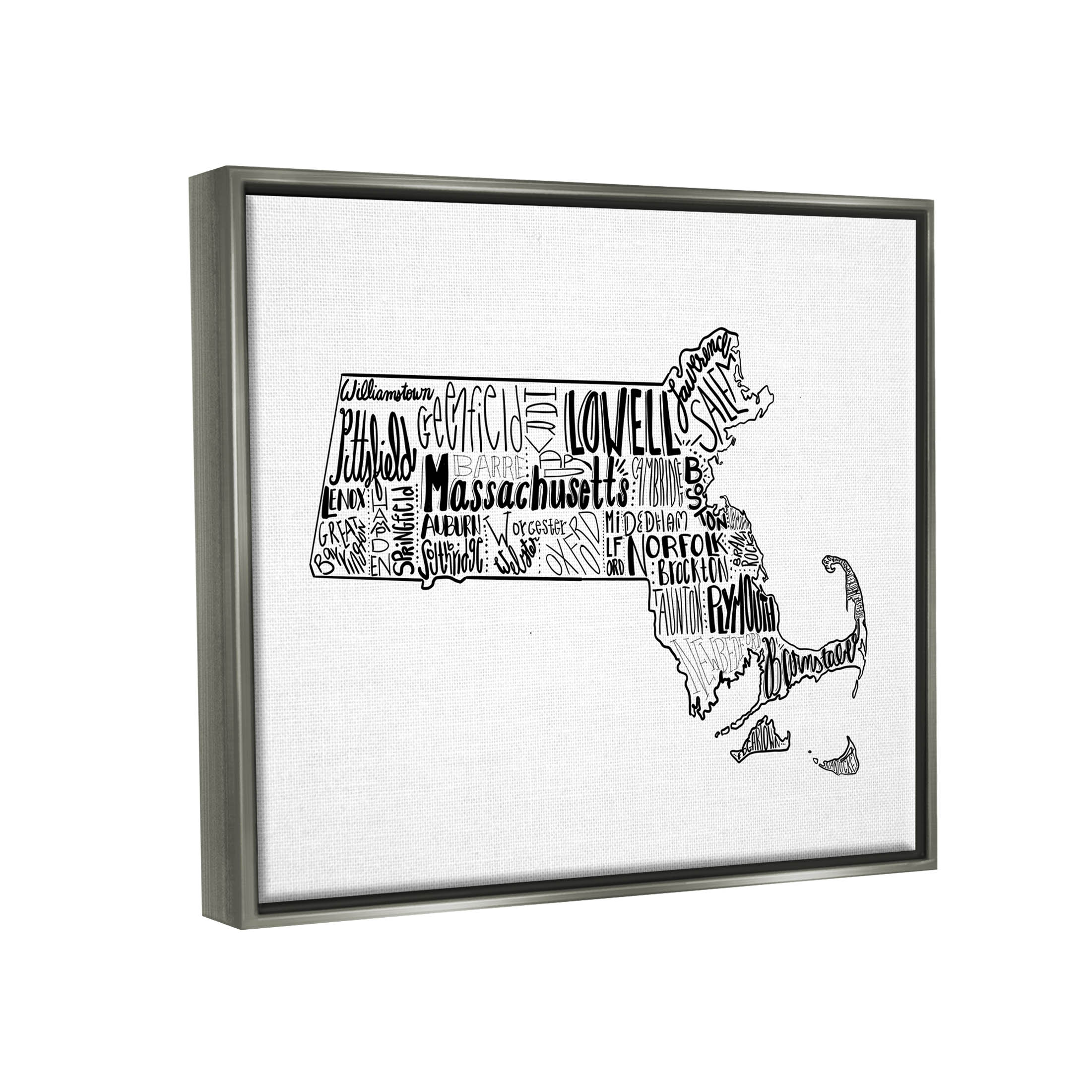 Stupell Industries Massachusetts State Cities Typography Graphic Art Luster Gray Floating Framed Canvas Print Wall Art, Design by The Saturday Evening Post