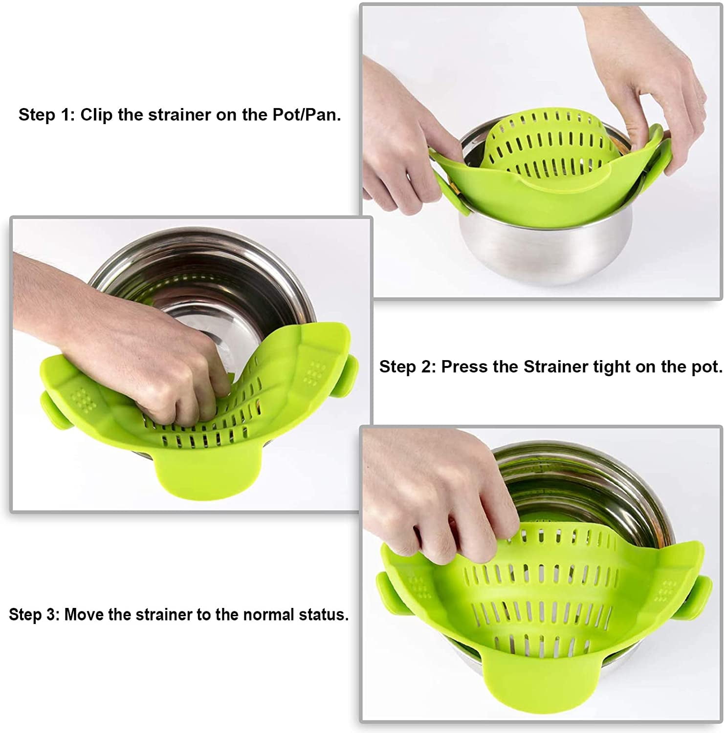 VICVEO Silicone Clip on Strainer, Patented Clip on Silicone Colander, Clip-on Kitchen Food Strainer for Pasta,Fits Almost Pots (Green)