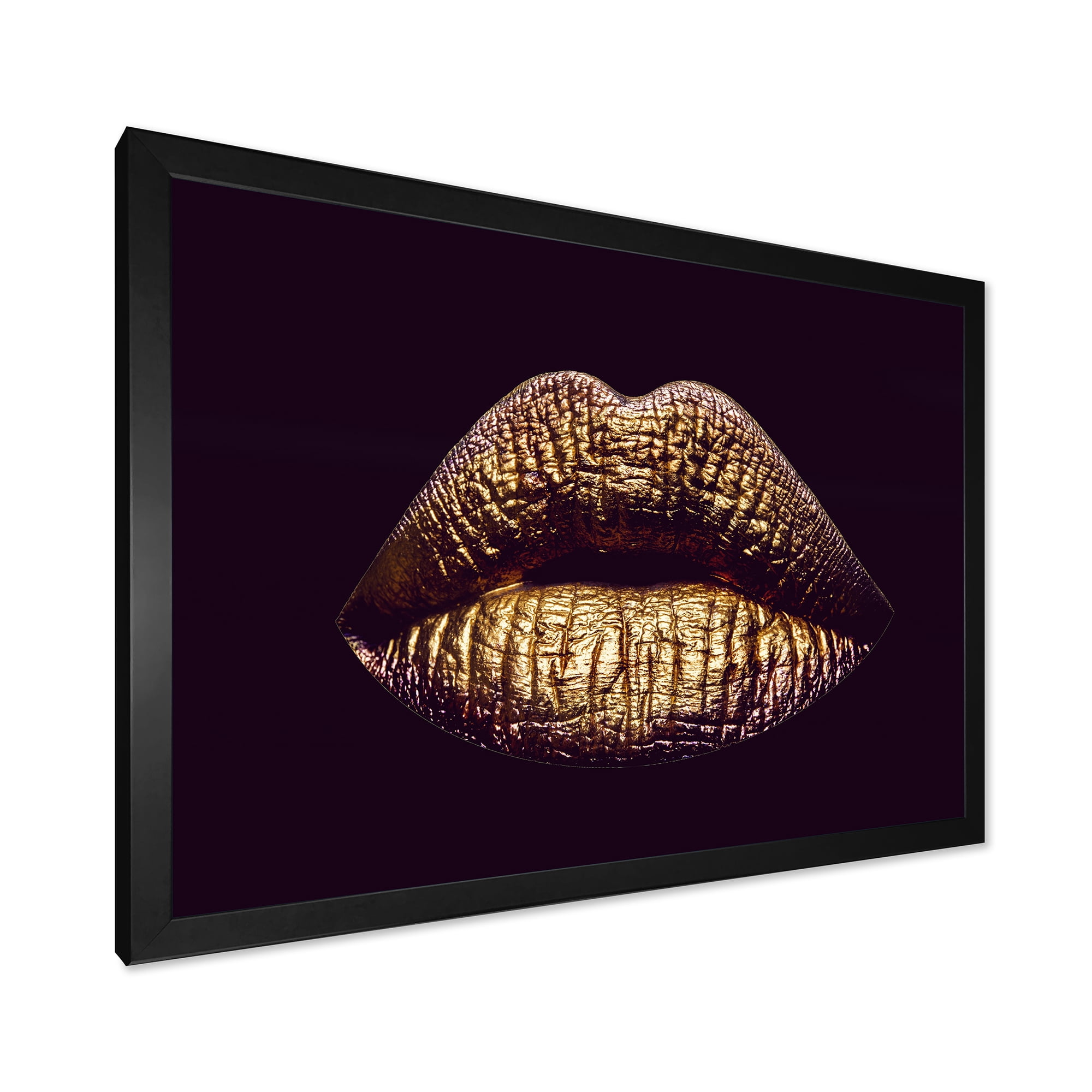 Designart 'Sexy Golden Metallized Woman Lips II' Modern Framed Art Print