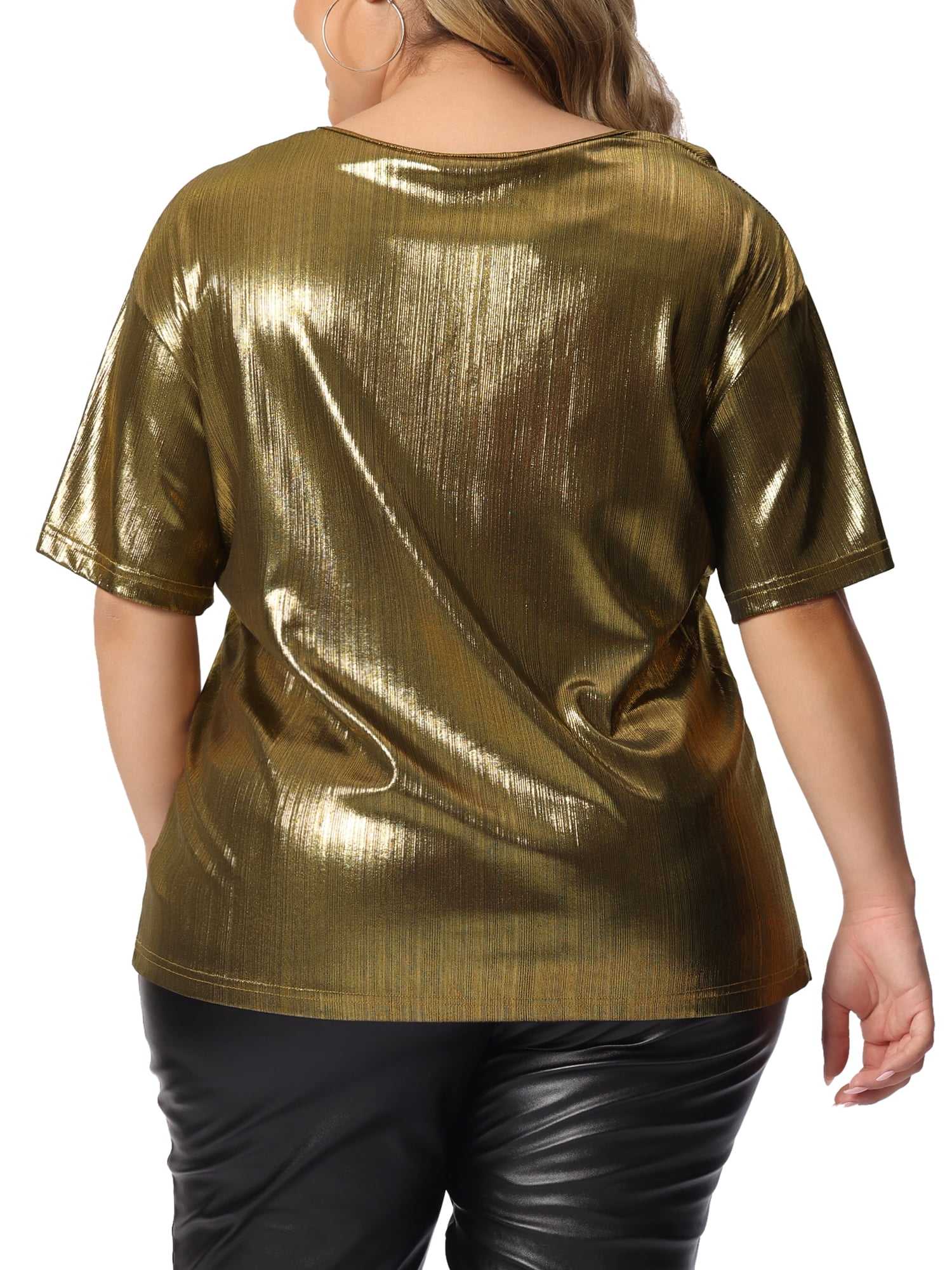 DARING DIVA Women's Plus Size Metallic Round Neck Short Sleeve Blouses 5X Gold