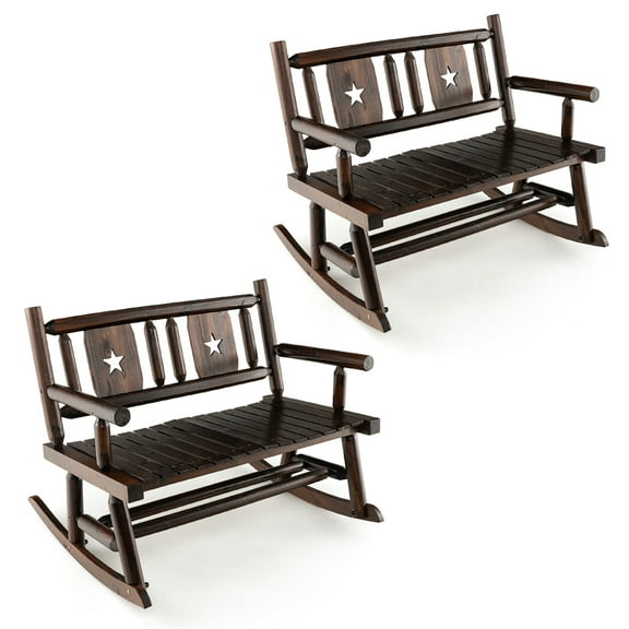 Gymax 2PCS Carbonized Wood Rocking Bench Double Rocking Chair for 2 Persons w/ Wide Curved Seat
