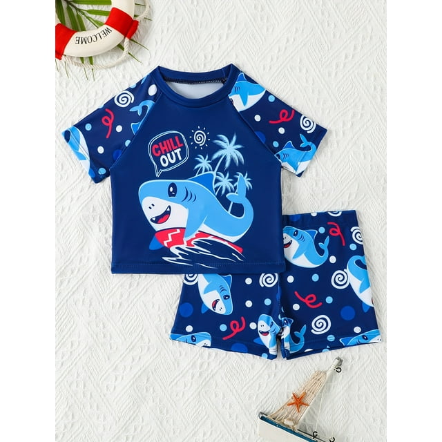 2pcs Baby Boy's Surfing Suit Set, Cute Style, Blue Shark & Palm Tree Print, Quick-Dry Swimwear