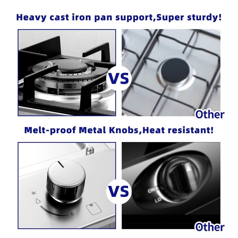 GD 12 in. 2 Burners Recessed Gas Cooktop with Tempered Glass Top, for Dual Fuel LPG/NG, Stainless Steel