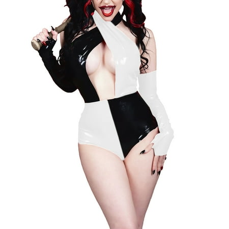 Sexy Halter Backless Shiny PVC Leather Bodysuit with Gloves Female Carnival Party Clothing Patchwork Rompers