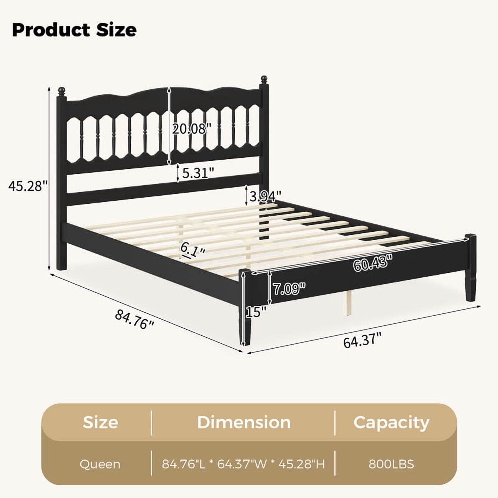 Queen Size Retro Countryside Style Wooden Bed Frame with Spindle Headboard, Low Profile Platform Bed with No Box Spring Required