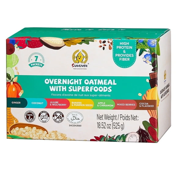 SUNGIVEN High Protein Overnight Oats Meals Low Sugar with Superfoods Health Snacks Breakfast Cereal 7 Flavors 7-Packs 18.5oz
