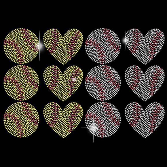Heart Shaped Baseball Rhinestones Transfer Stickers Softball Bling Decals T-Shirt Heat Transfer Hot Fix Stickers Sport Theme Diamond Decals Gifts for Baseball Lovers
