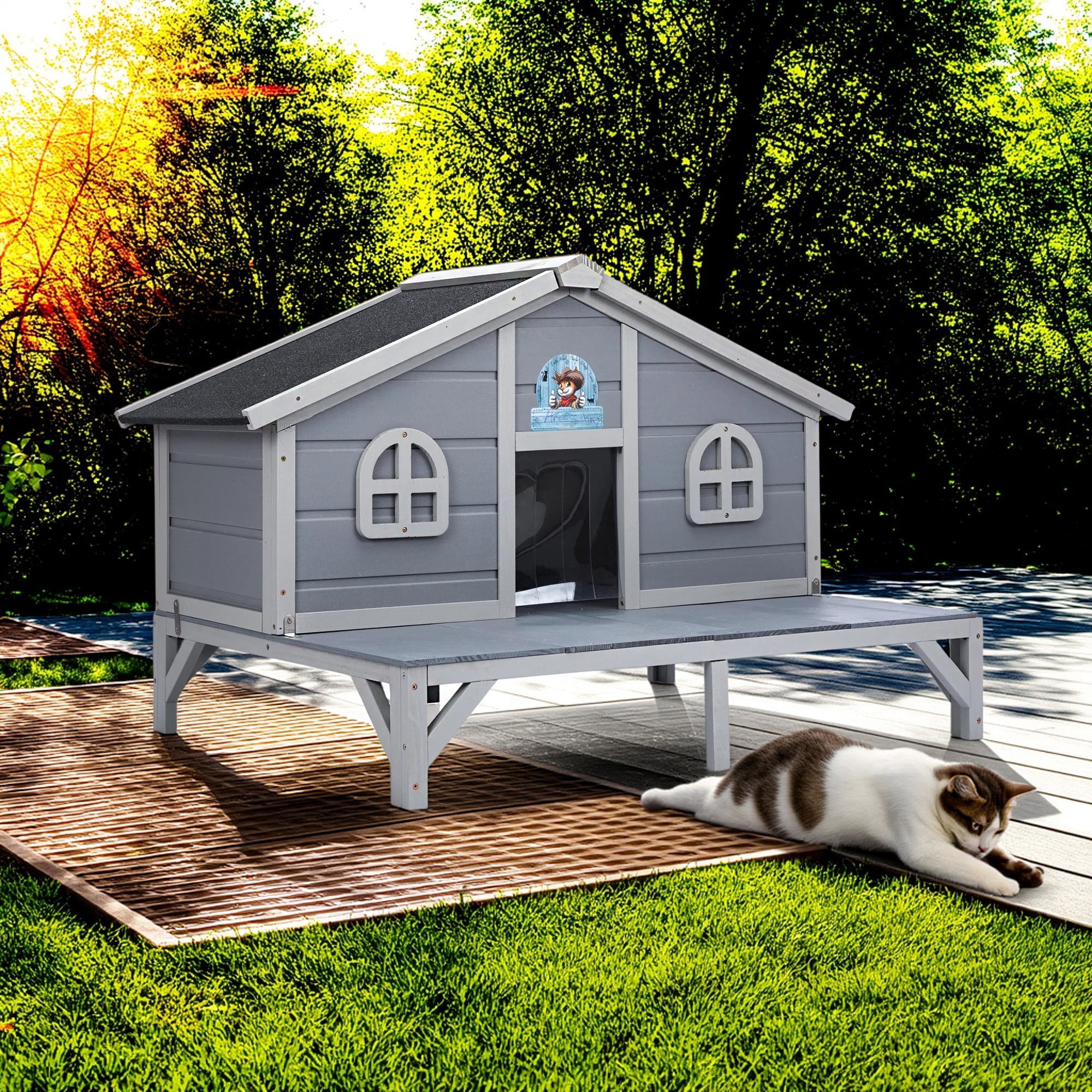 Pefilos 43" Outdoor Cat House for Cats, Wooden Cat Condo All Weather Weatherproof Cat Shelter with and Escape Door, Gray