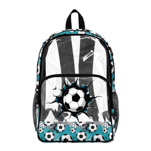 COEQINE Large Clear Backpack 17 Inch Transparent Bookbag for Boys Girls, Heavy Duty PVC Polyester Backpack for Work Travel, Stylish Daypack for Stadium, 3D Football Soccer Ball Blue