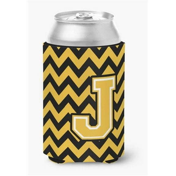 Letter J Chevron Black & Gold Can or Bottle Hugger, 0.25 x 4 x 5.5 in.