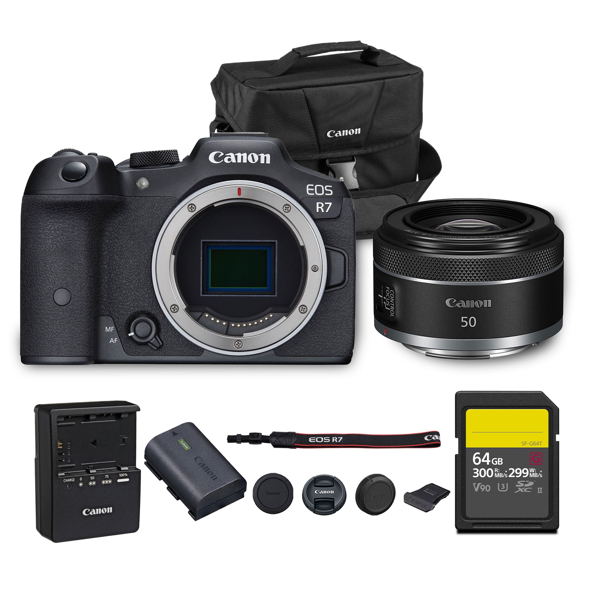 Canon EOS R7 Mirrorless Camera | 32.5MP APS-C Sensor 4K 60p Video | Fast Autofocus In-Body Stabilization for Wildlife and Sports (5137C002) + Canon RF 50mm f/1.8 STM Lens + 64GB Card + Bag