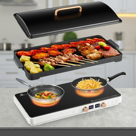 

Induction Cooktop 2 Burners 1800W with Removable Cast Iron Griddle Pan Non-Stick 8 Power Levels Control
