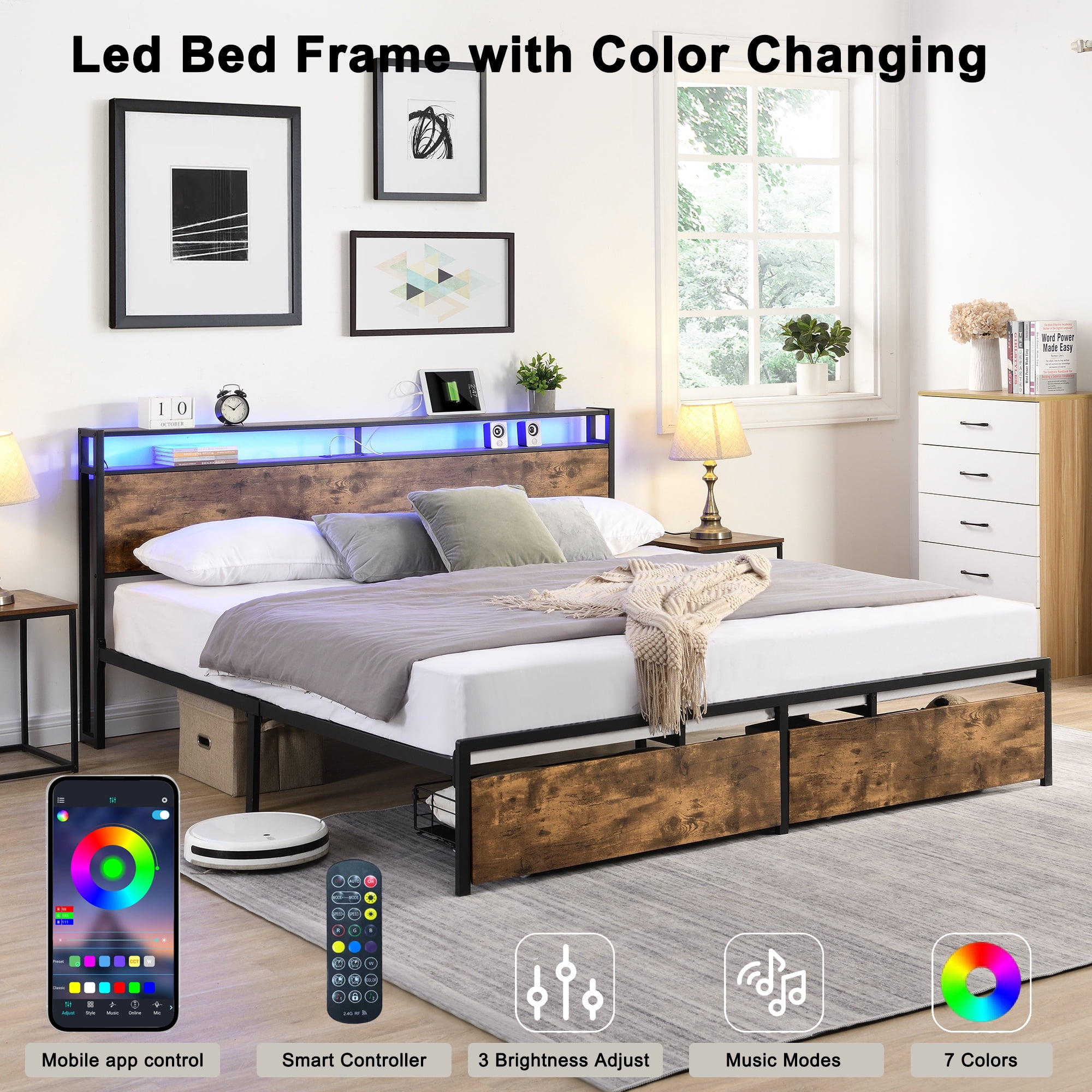 Aukfa Metal Queen Size Bed Frame with USB Ports, 16 Colors LED Lights, 2 Storage Drawers, Brown