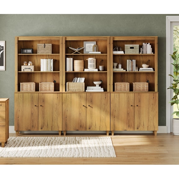 WAMPAT Modern 71" Tall Bookcase with Cabinets, 3 Columns 5-Tier,Oak Brown