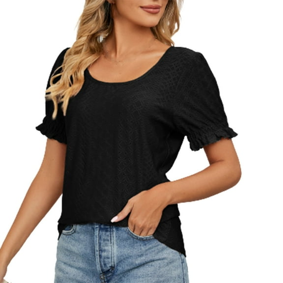 YYDGH Women's Puff Short Sleeve Tops Loose Blouse Eyelet Crewneck Casual Tops Black S