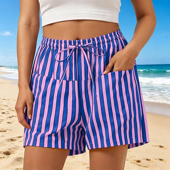 Cagogo Women's Striped Elastic Waist Casual Shorts Loose Wide Leg Drawstring Lounge Trousers Plus Size Flowy Beach Travel Summer Shorts, Purple 3XL