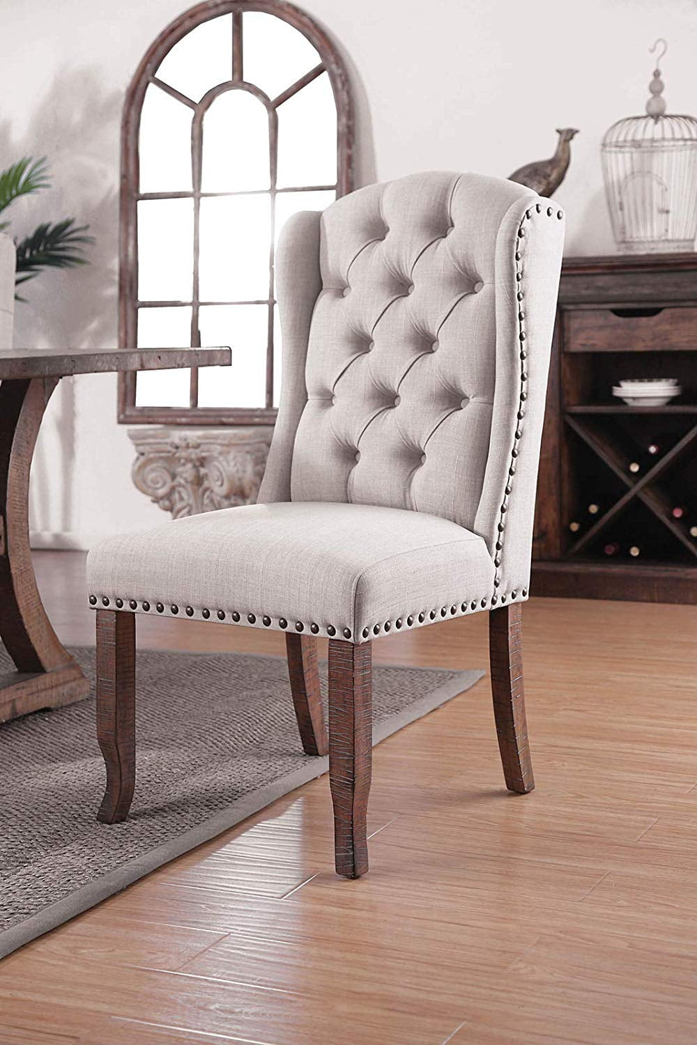 Button Tufted Fabric Upholstery Wingback Chair Rustic Pine And Ivory Pack Of Two Walmart Com Walmart Com