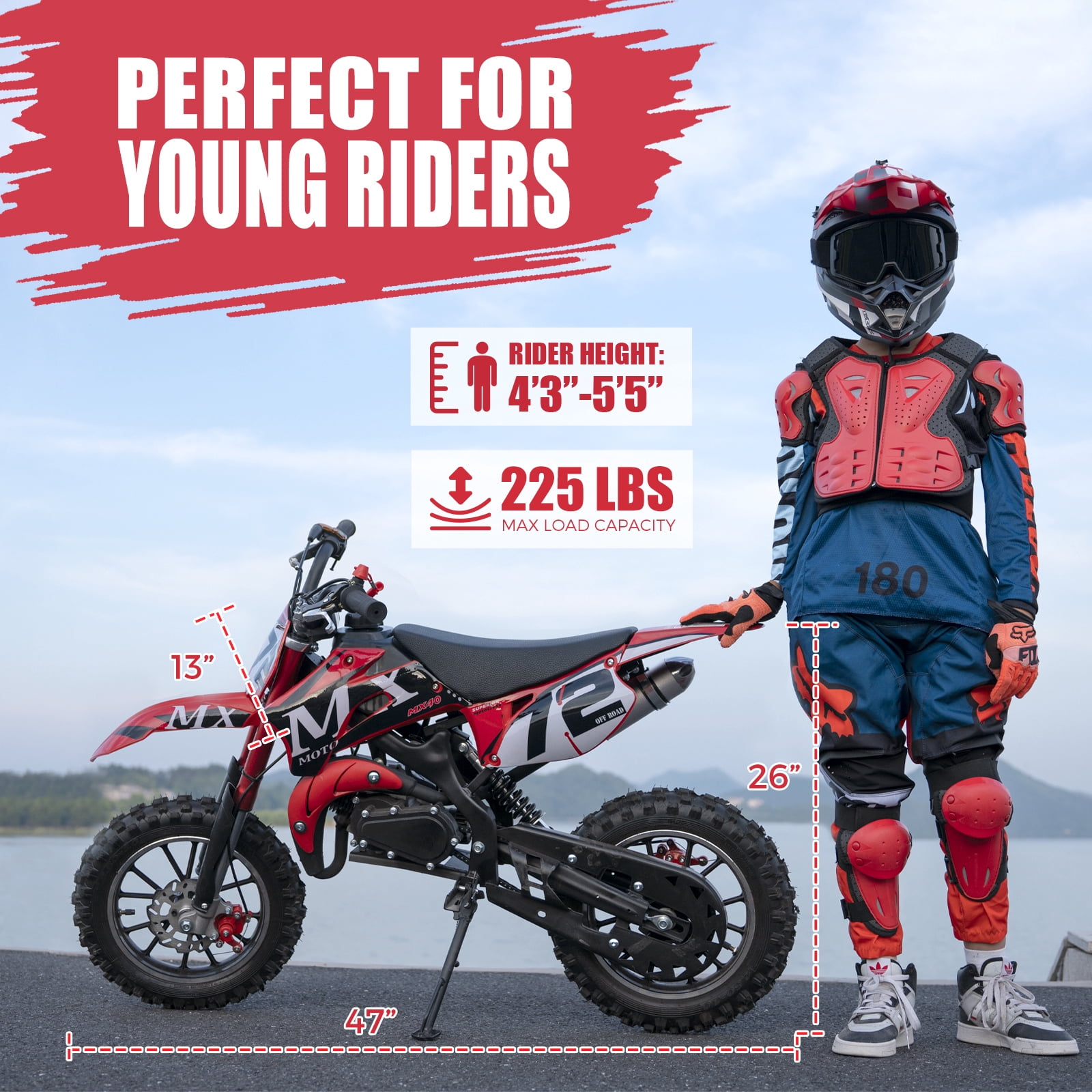 MX Moto 49CC Kids Dirt Bike, 2-Stroke Gas Powered off Road Motorcycle, Tire Shock Absorber Spring Soft Seat Cushion with F & R Disc Brake, Max Speed 24 mph, with Armor