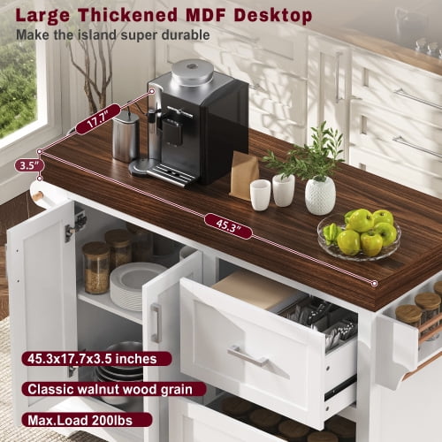 53" Large Kitchen Island with 3.5" Thick Desktop, Rolling Kitchen Cart with 5 Wheels, 2 Extra-Large Drawers & Cabinet, Spice Rack, Towel Rack, for Home, Kitchen, Dining Room, White