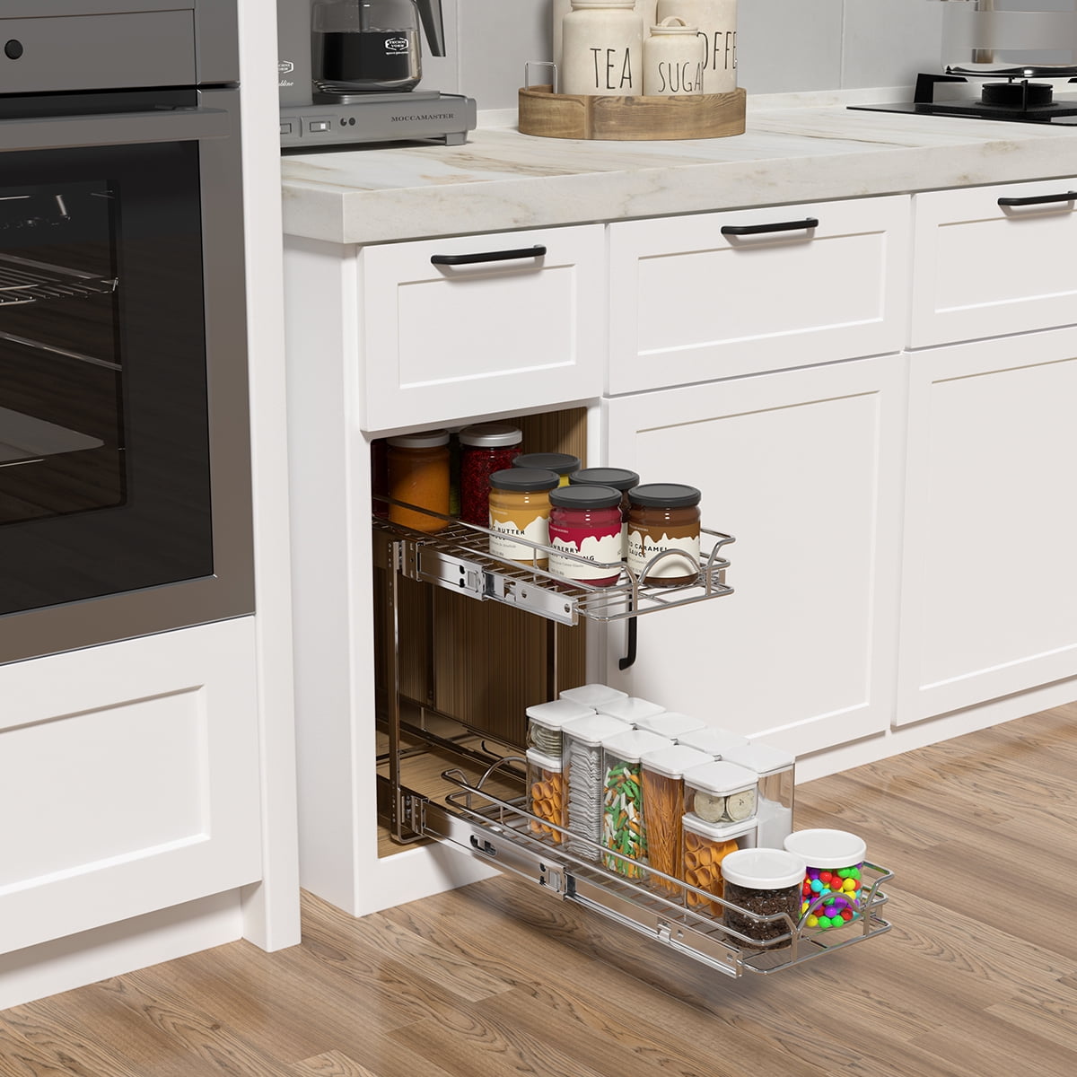 OCG 2-Tier Slide Out Drawers for Base Cabinet Organization in Kitchen Bathroom Pantry(12.5"W x 21"D x 15.6"H), Chrome Finish