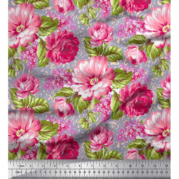 Soimoi Modal Satin Fabric Leaves & Peony Floral Print Fabric by Yard 42 Inch Wide