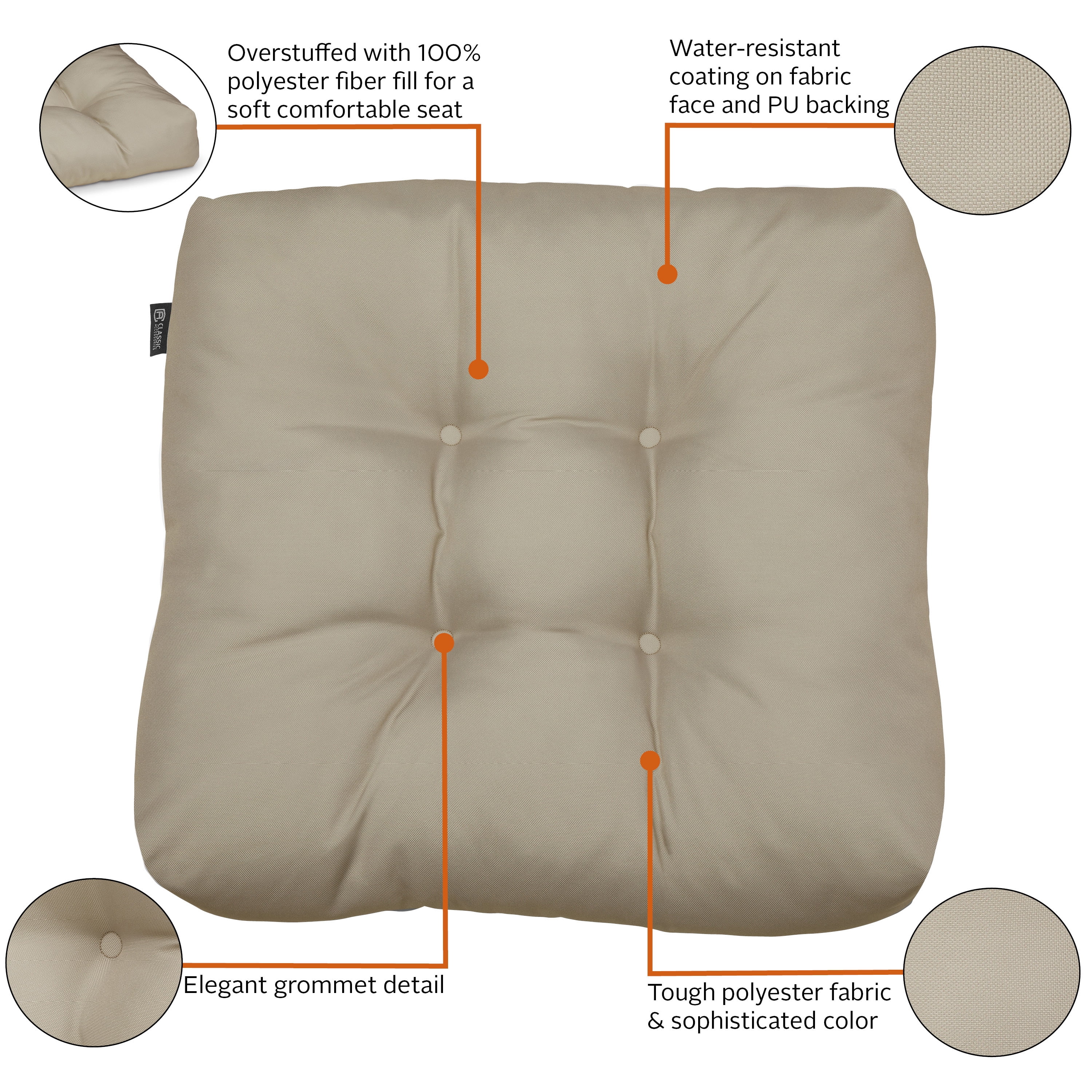 Classic Accessories Water-Resistant 19 x 19 x 5 Inch Square Patio Seat Cushion, Khaki, 2-Pack