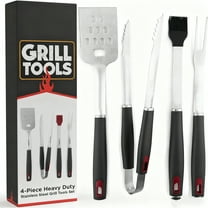 NEWJOEY 4-Piece Stainless Steel BBQ Grill Tool Set, Heavy Duty Barbecue Accessories with Spatula, Tongs, Fork & Brush, Heat Resistant Handles