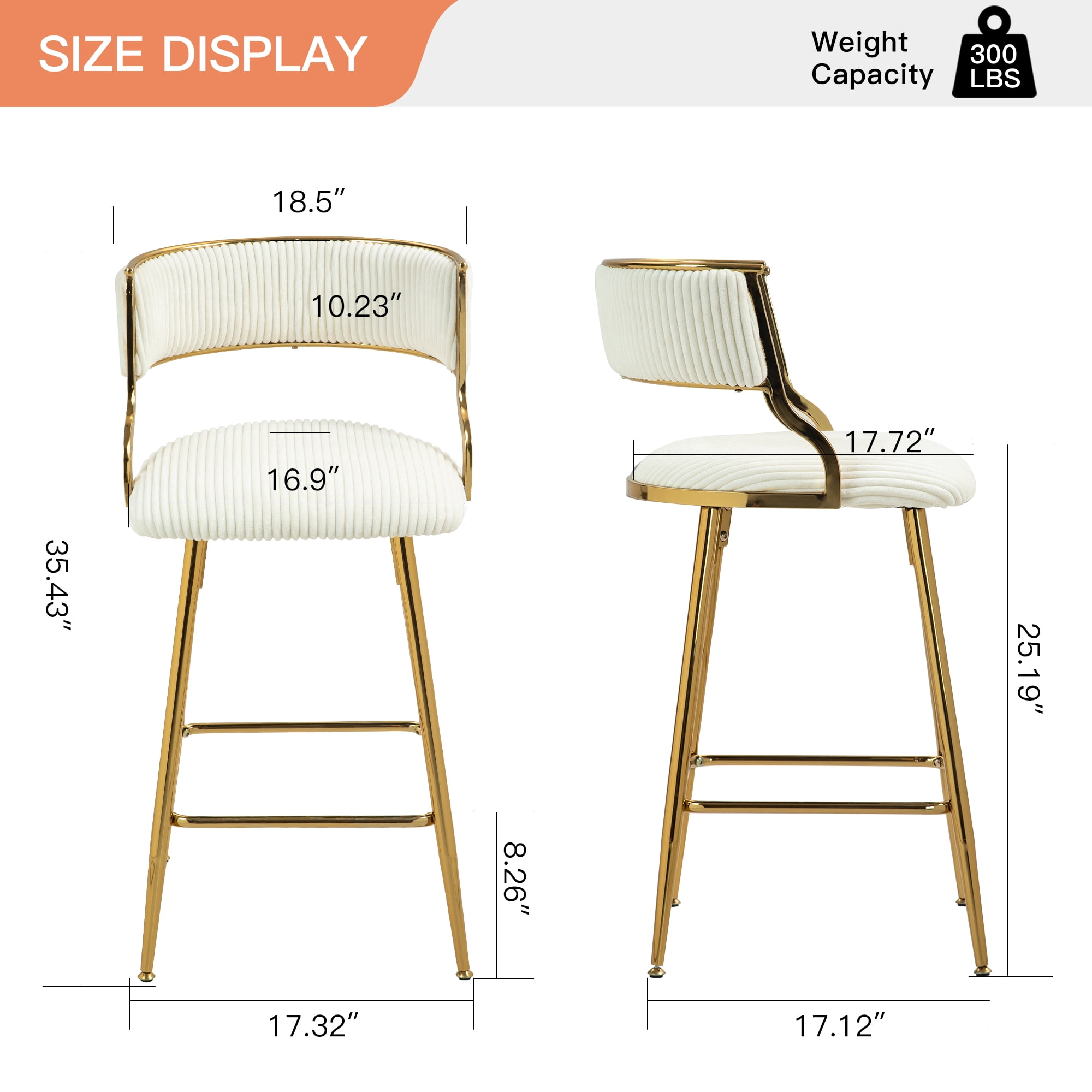 Peispie 25" Counter Height Bar Stools Set of 2, Modern Corduroy Barstools with Low Back and Gold Metal Legs, Padded Kitchen Island Chairs with Footrest for Home Bar, Beige